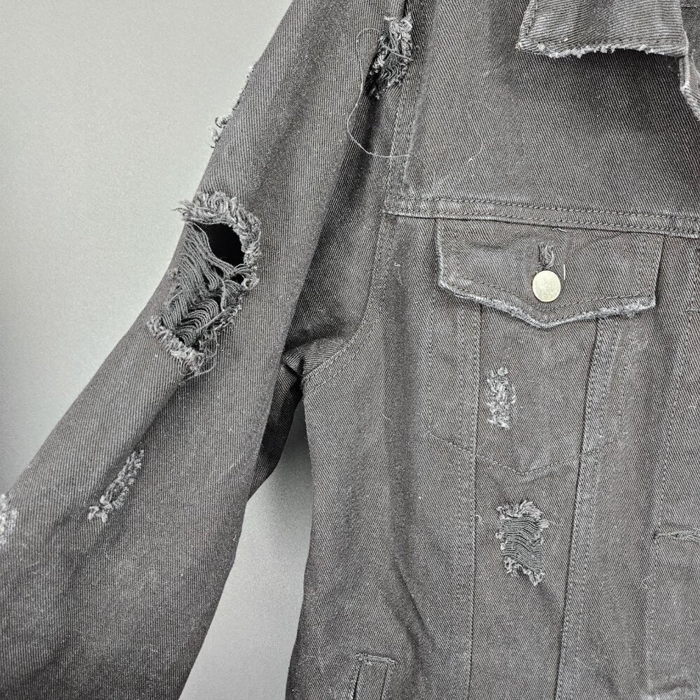 Long Jean Denim Jacket Women Large Black Distress Hole Trucker Punk Rock Gothic - Picture 5 of 16